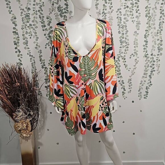 BAR III Women's Green Printed Caftan Deep V Neck Swimsuit Cover Up Sz XL - Picture 3 of 6